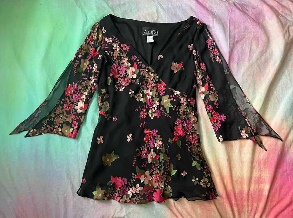 Vintage Y2K Bias Cut Silk Split Bell Sleeve Top Beaded Alex Evenings Fairy Sz S